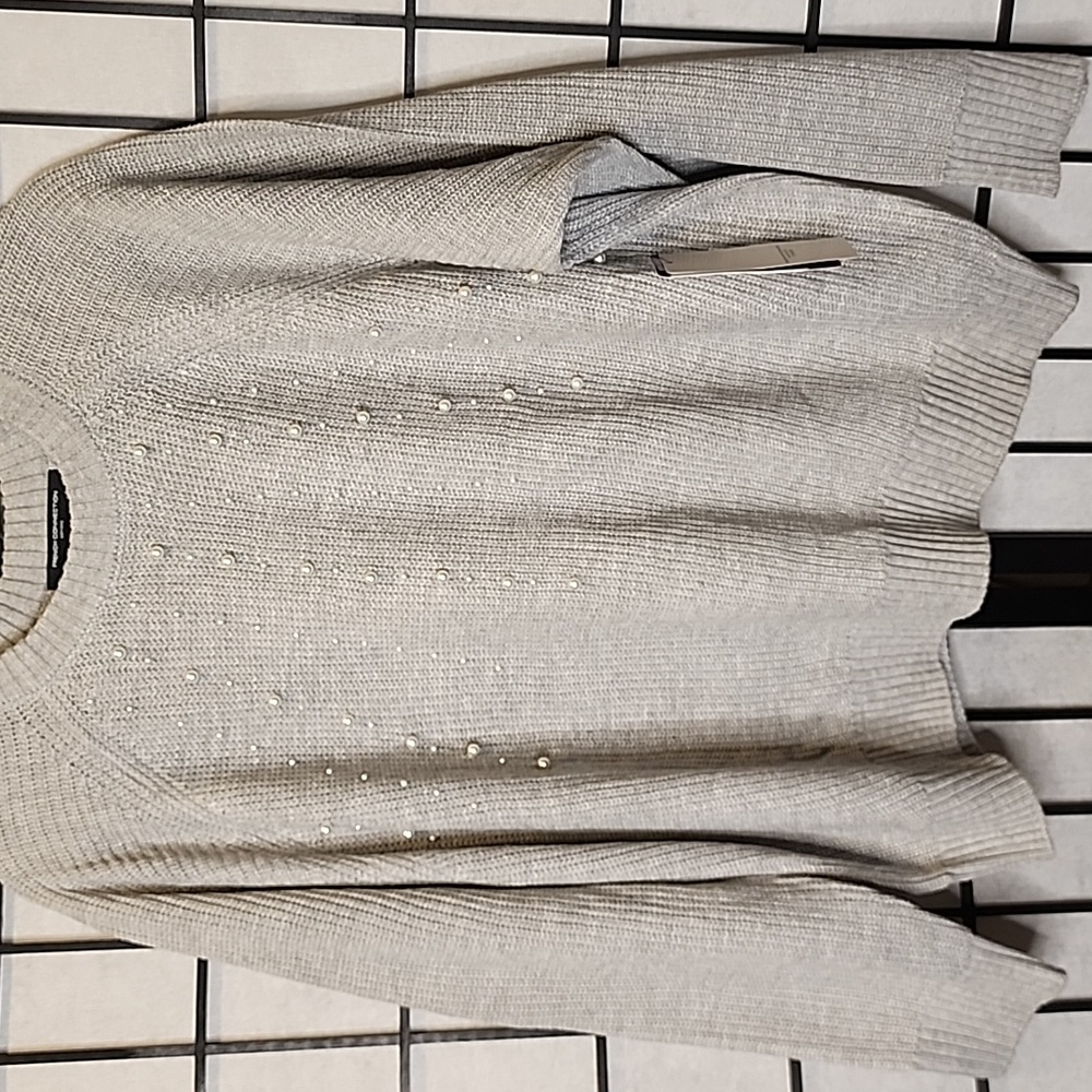 French Connection Gray Sweater Pearl Front Long Sleeves XXL